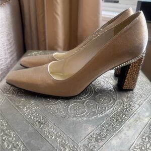 Stuart Weitzman Tan Satin Block Heel Pumps
